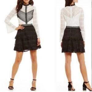 Gianni Bini Lace Dress XS Black White Sheer Sleeve Fit Flare Mini